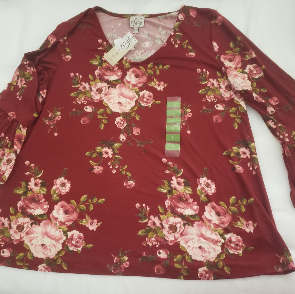 Floral V-Neck Top - Burgundy